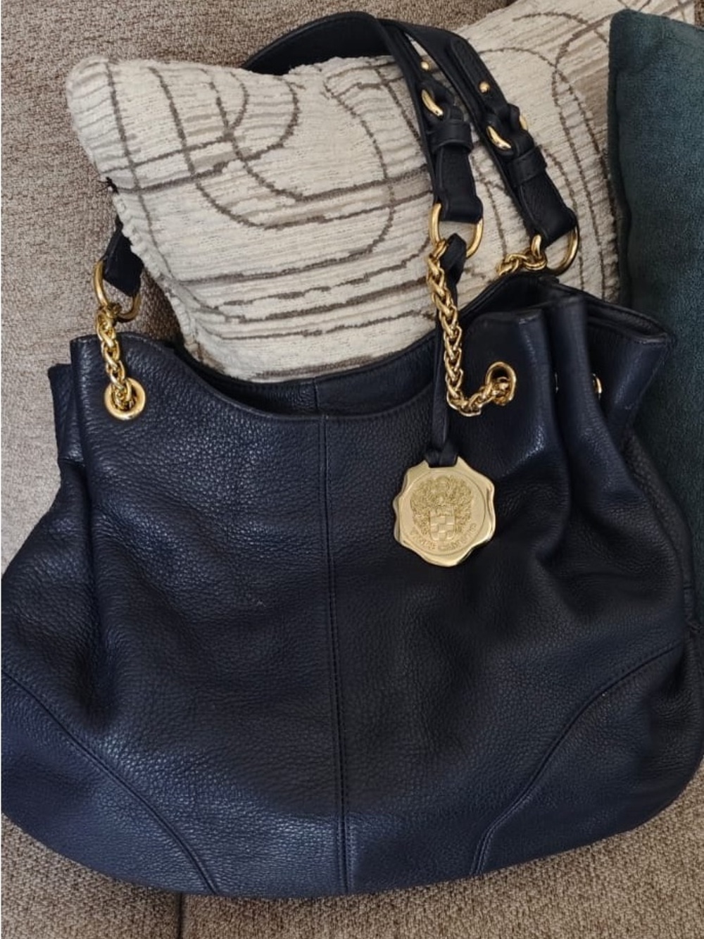Navy Blue Leather Shoulder Bag with Gold Chain Accents